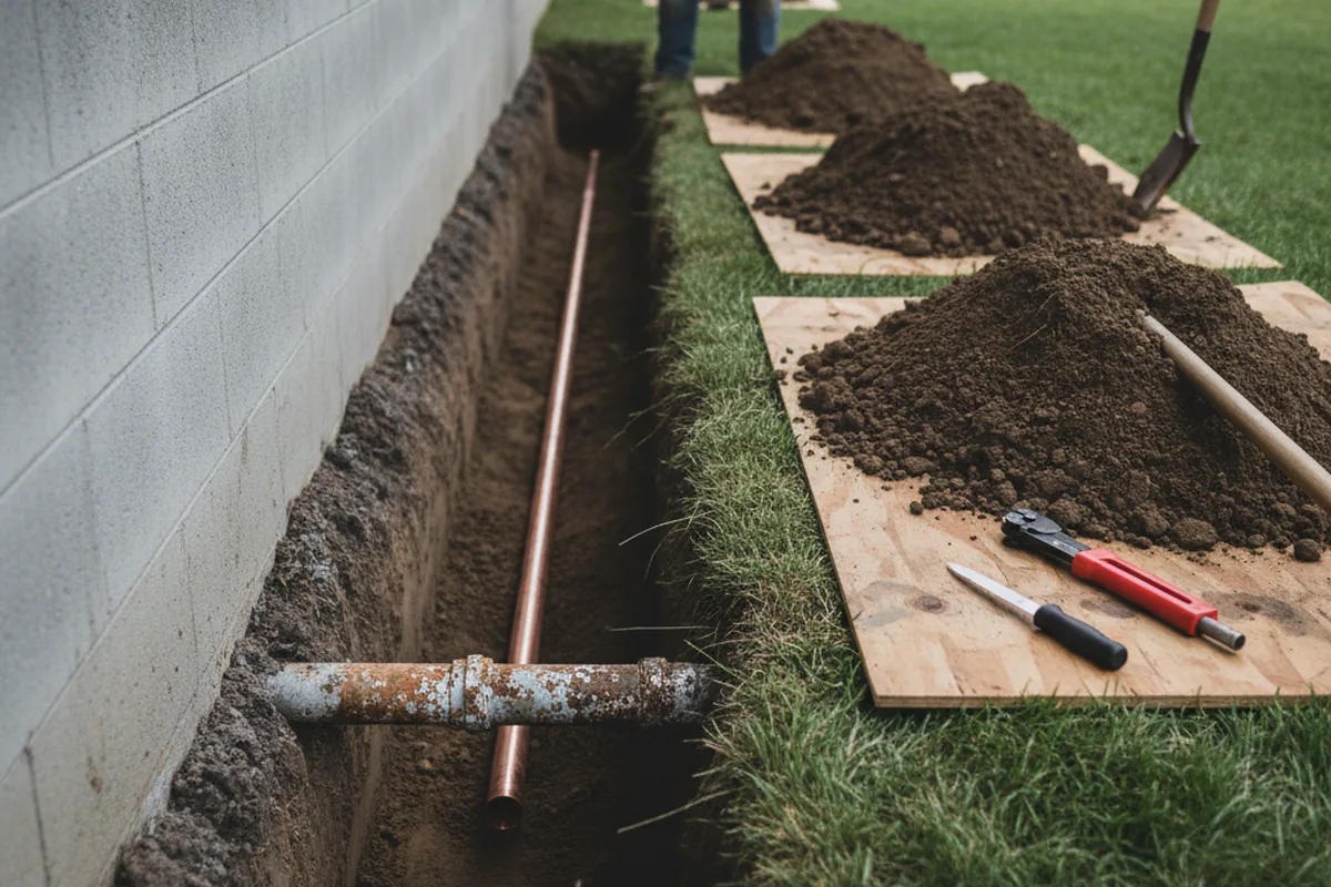 Excavated water line trench during Water Softener Installation in Rubicon